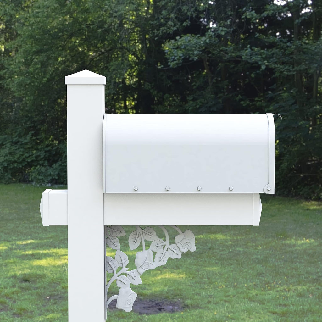 4Ever Products The Coolidge Vinyl/PVC Mailbox Post (Includes Mailbox) Complete Decorative Curbside Mailbox System with Classic Traditional Style (White Mailbox)