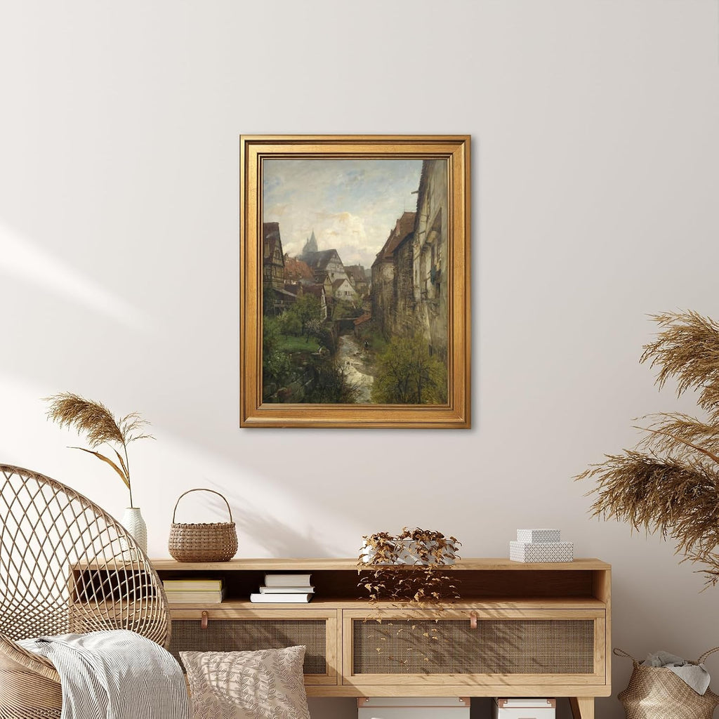 Framed Section in The Old Town of Esslingen Canvas Print Vintage European Village Landscape Wall Art Rustic Alley Painting Neutral Countryside Picture Artwork for Living Room Bedroom Decor 24x36inch