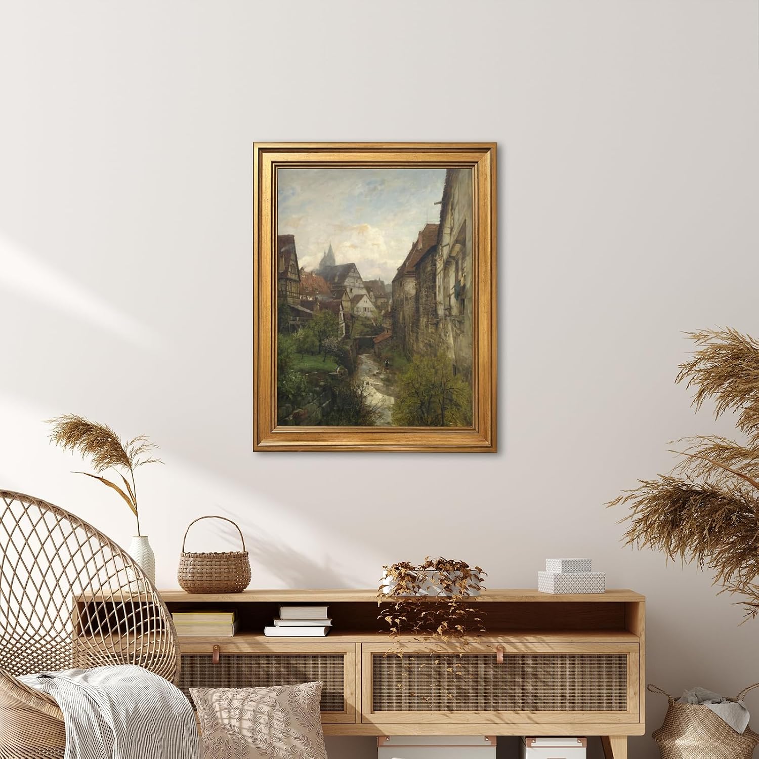 Framed Section in The Old Town of Esslingen Canvas Print Vintage European Village Landscape Wall Art Rustic Alley Painting Neutral Countryside Picture Artwork for Living Room Bedroom Decor 24x36inch