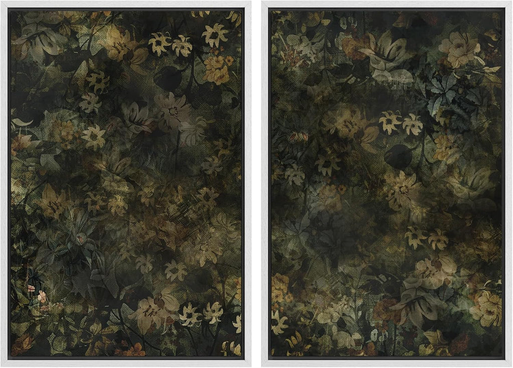 SIGNWIN Framed Canvas Print Wall Art Set Botanical Shadows Dark Floral Illustrations Modern Art Rustic Relax/Calm for Living Room, Bedroom, Office - 24'x36'x2 White