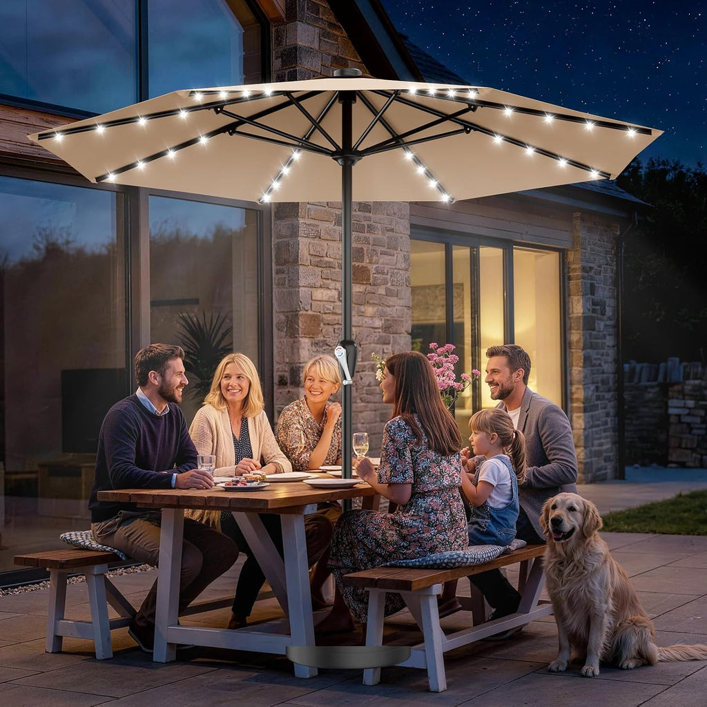 AreShark 12FT Large Patio Umbrella with Solar Lights, Solar Powered Outdoor Umbrella with Crank, Patio Table Market Umbrellas for Garden, Deck, Backyard, Pool and Beach, Beige