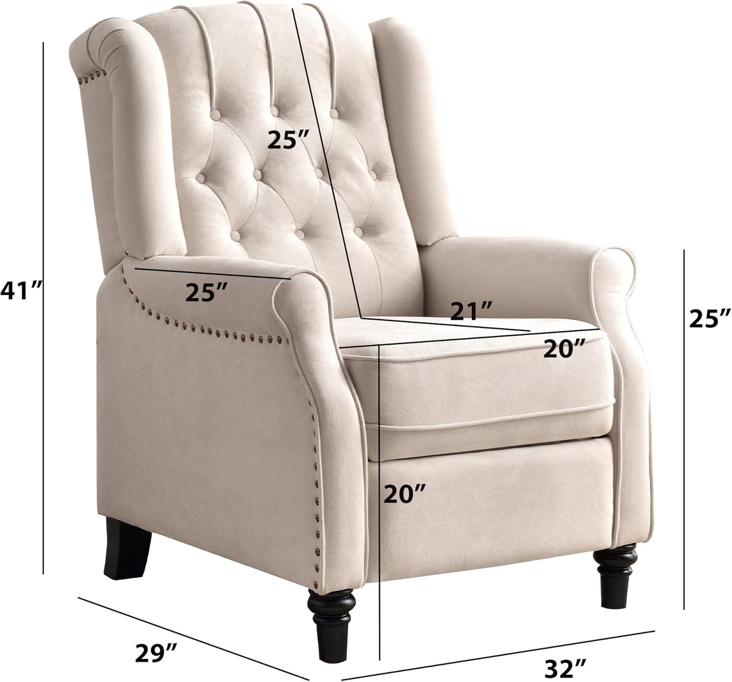 Bonzy Home Wingback Chairs Set of 2, Mid Century Modern Living Room Chairs, Fabric Push Back Recliner Chair with Rivet Decoration, Button-Tufted Back, Solid Wood Legs, Beige