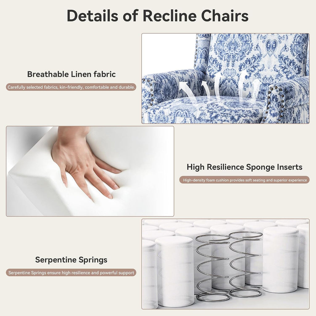 Pushback Recliner Chair, Floral Fabric Wingback Recliner Chair, Upholstered Rivet Trim Armchair Push Back Recliner Accent Chair for Small Spaces, Living Room, Navy