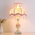 Cute Table Lamp with Fabric Lampshade, Antique Flower Decorative Bedside Desk Nightstand Lamp, Handmade Night Light for Bedroom Living Room (Pink and Beige)