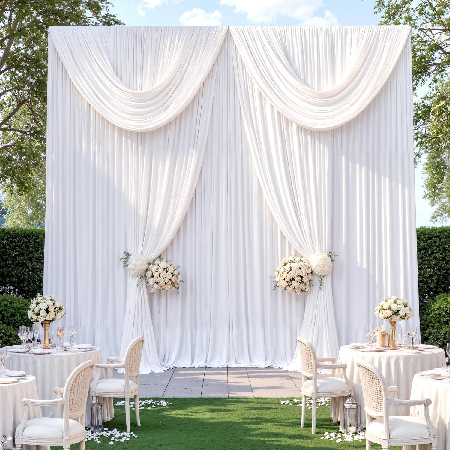 10 Panels 5x12ft White Backdrop Curtains for Wedding Parties, Wrinkle Free Polyester 12 ft Long Photo Backdrop Drapes Back Drop Cloth Drapery for Birthday Baby Shower Ceremony Photography Background