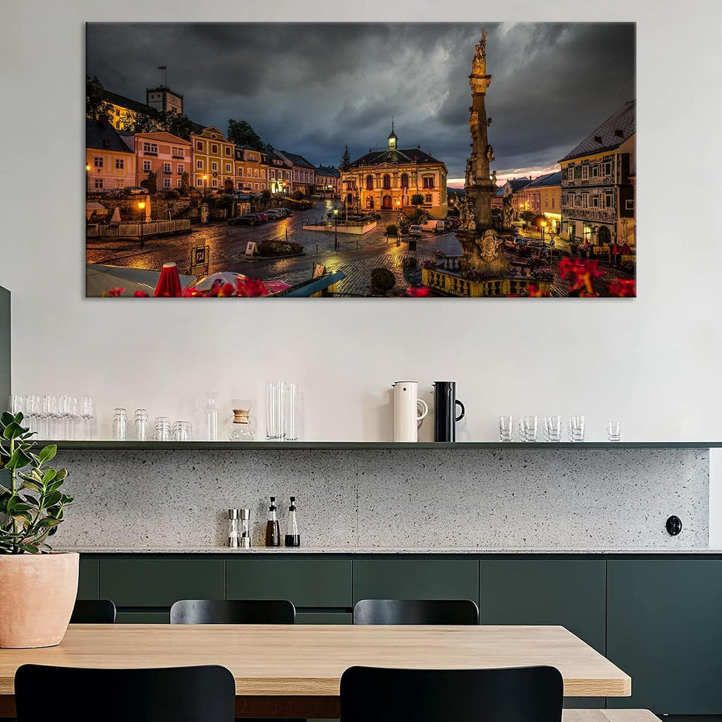 Large Romantic Central European Baroque Architecture Decor Cesky Krumlov Czech Republic Night View Poster Enchanted Historical Town Wall Art Teen Dorm Apartment Artwork 20x40inch Framed