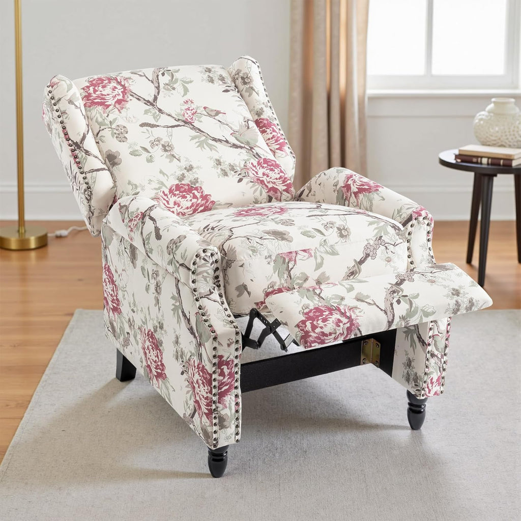 Pushback Floral Recliner Chair, Fabric Upholstered Armchair Push Back Accent Chair for Living Room, Rivet Trim Club Chair Home Theater Single Sofa Reading Seat - Beige Floral