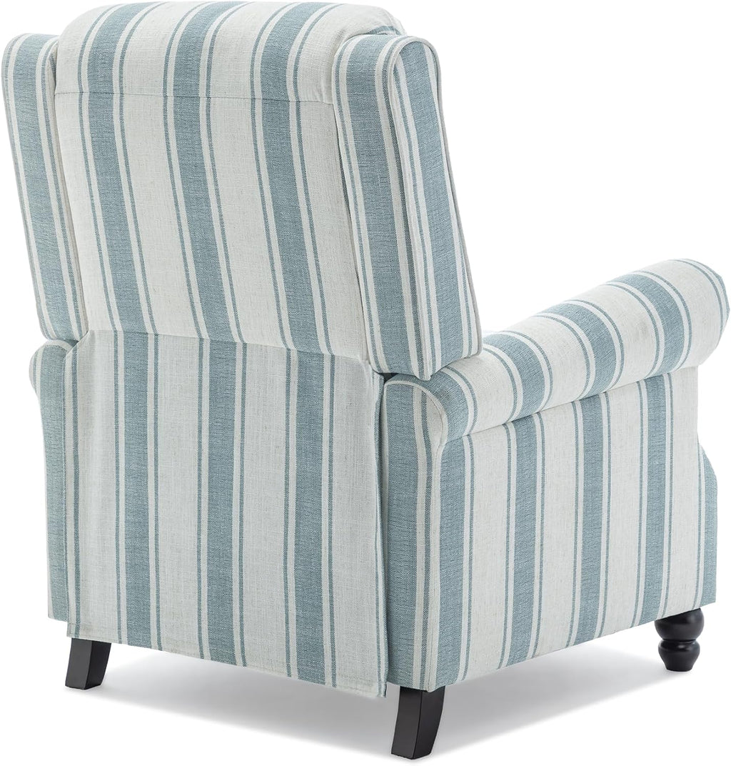 Pushback Recliner Chair, Comfy Fabric Wingback Recliner Chair, Upholstered Armchair Push Back Recliner with Wood Legs, Rivet Trim Single Sofa Accent Chair for Living Room, Bedroom, Blue Stripe