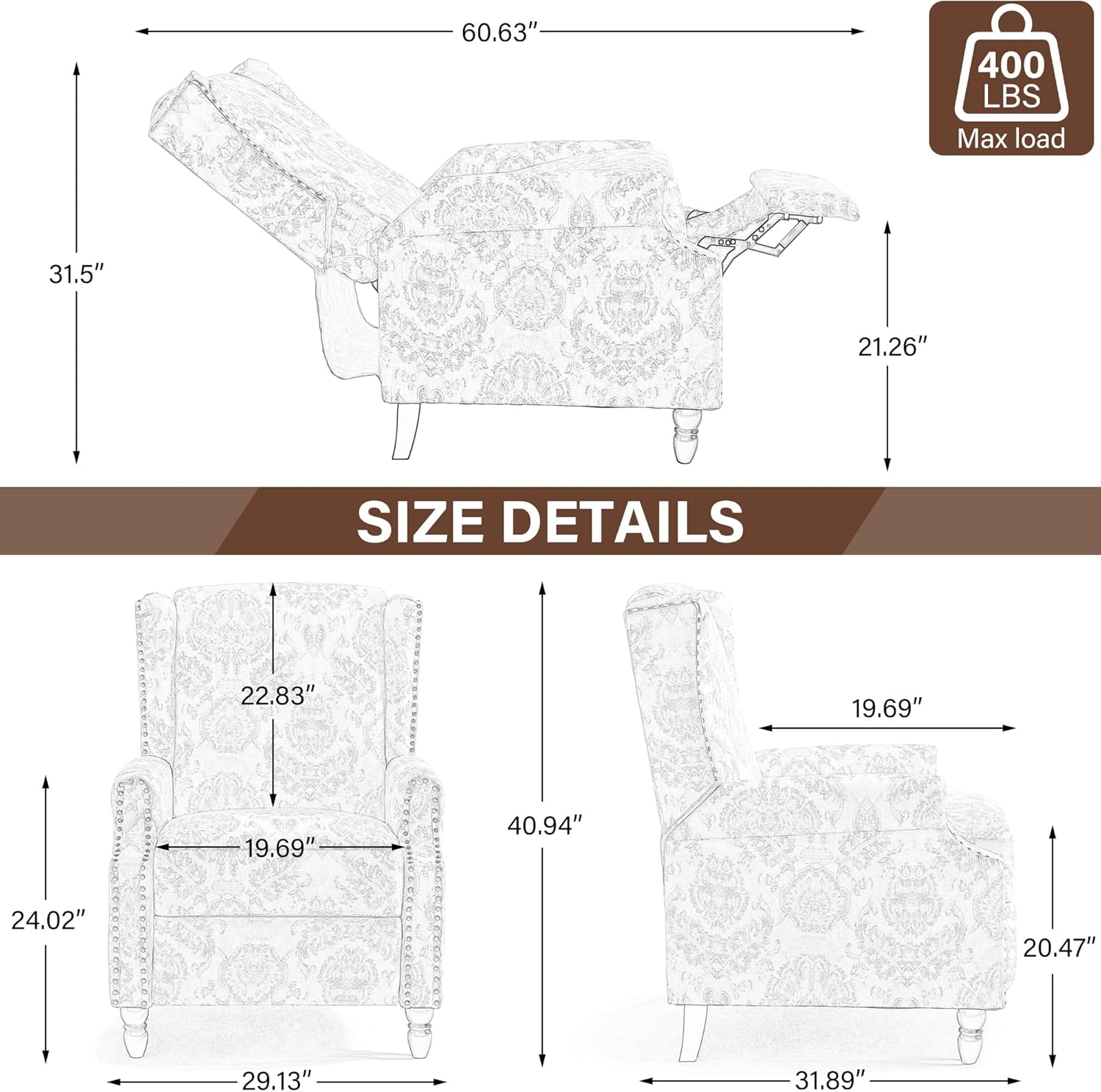 Pushback Floral Recliner Chair, Fabric Upholstered Armchair Push Back Accent Chair for Living Room, Rivet Trim Club Chair Home Theater Single Sofa Reading Seat - Beige Floral