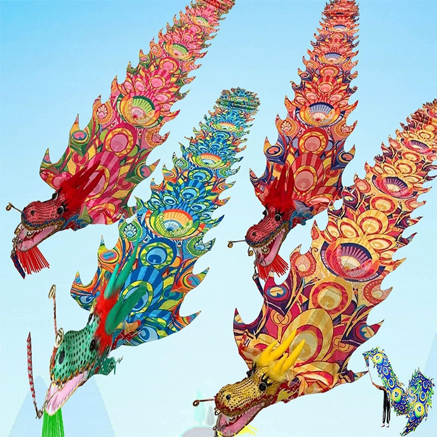 Chinese Dragon Costume 3D Lion Dance Ribbon Streamer Silk Cloth Dragon Dance Long Dragon Ribbon Streamer Dragon and Lion Dance Props Lion Dance Costume(Yellow,8m)