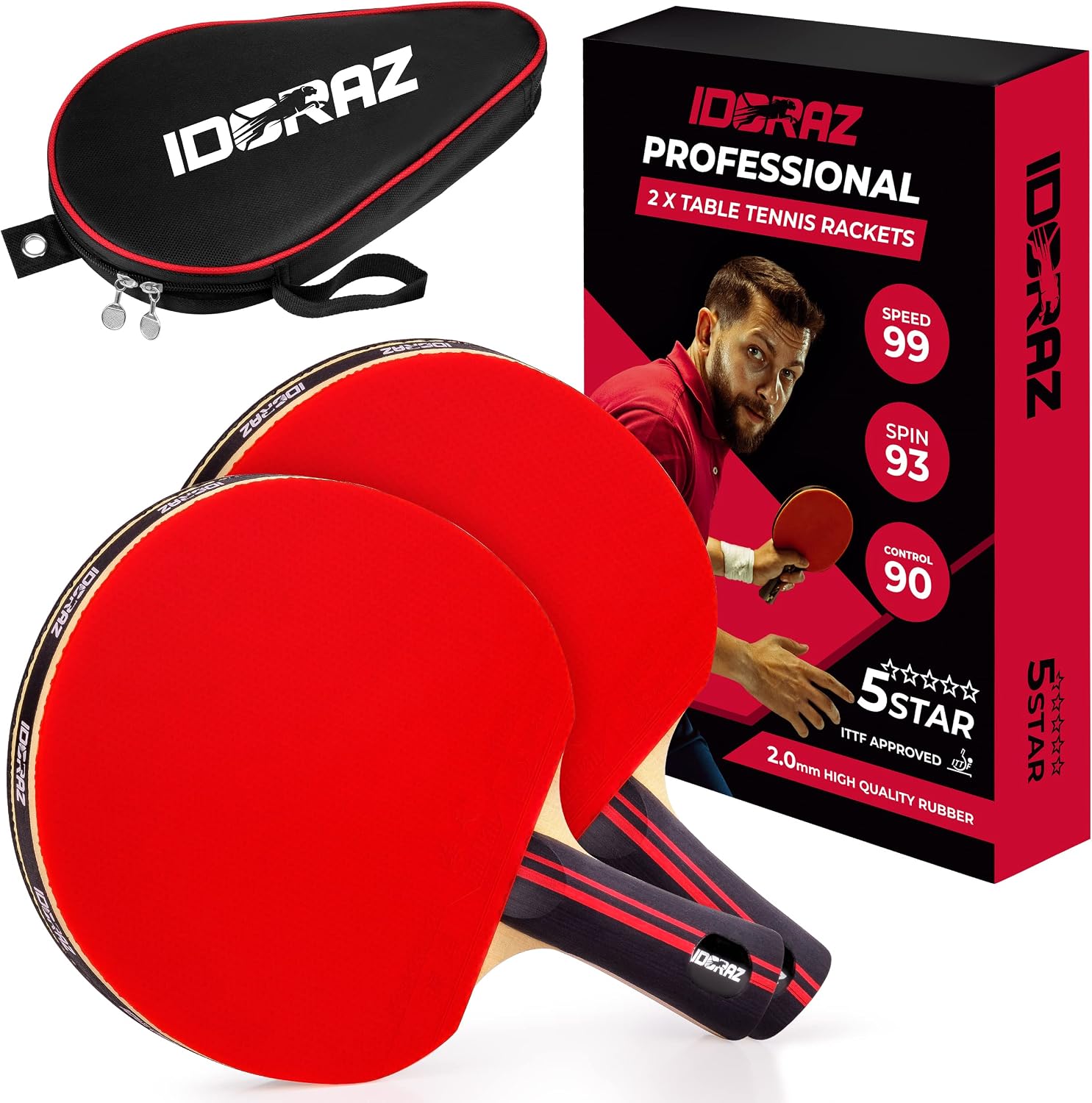 Professional Ping Pong Paddle with ITTF Rubber and Carrying Case | Table Tennis Racket with Speed 99, Spin 93, Control 90, Improves Accuracy and Consistency