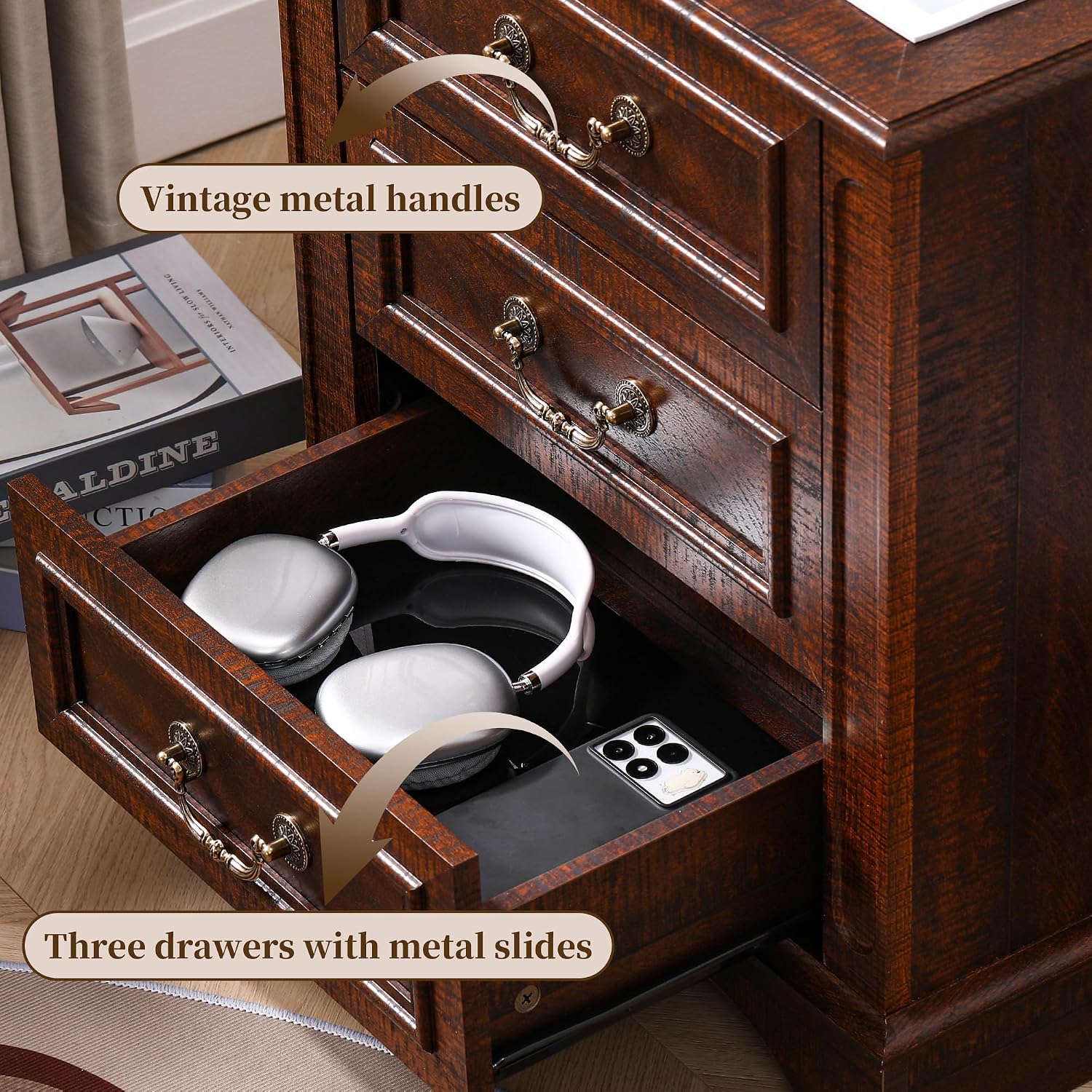 Farmhouse Night Stand with Charging Station, Bedside Table with 3 Drawers Storage and Outlets, Wood Nightstand for Bedroom, Living Room, Closet (Dark Brown)