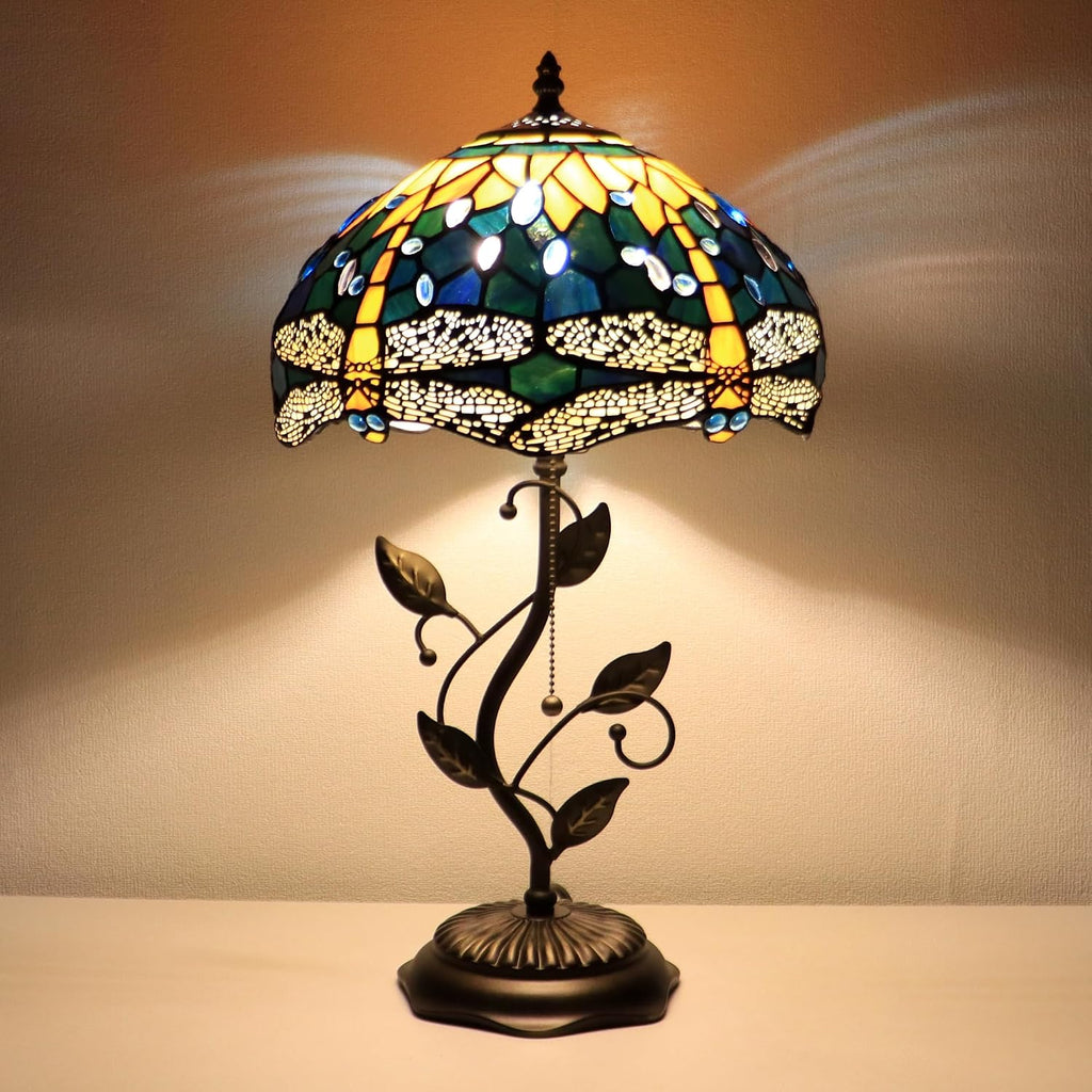 Tiffany Lamp Yellow Dragonfly Style Stained Glass Table Lamp Desk Bedside Reading Light 12X12X19 Inches with Metal Leaf Base