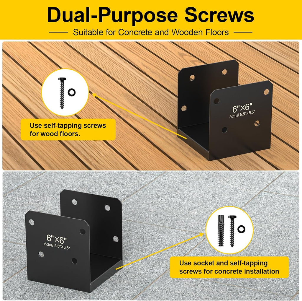 FMhotu 6x6 Stainless Steel Post Base,Internal 5.5 x 5.5 Anchor Bracket,Deck Concrete Support Anchor for Deck Railing, Fences, Mailboxes (4Pcs Black)