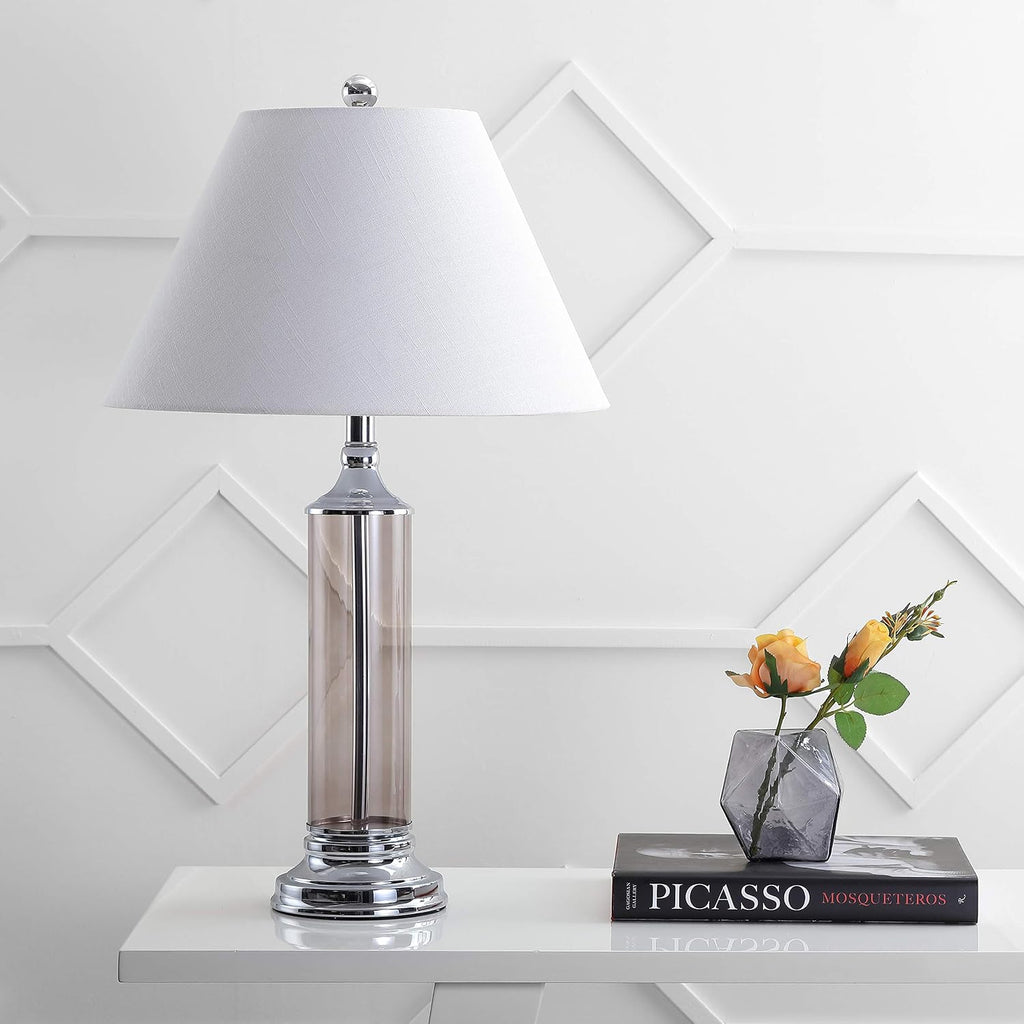 JONATHAN Y 29' Smoked Gray Glass LED Table Lamp Set of 2, Modern Bedside Nightstand Lamps for Living Room Bedroom Office, White Linen Shade, Transitional Decor (JYL4014B-SET2)