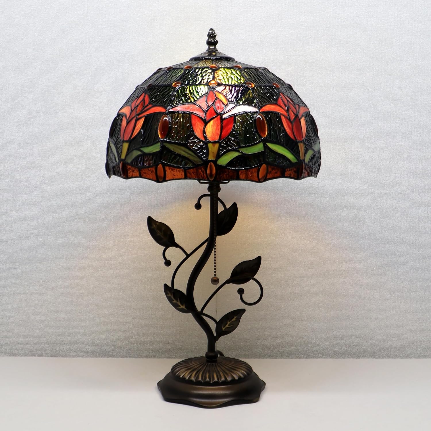 Tiffany Lamp Red Tulip Style Stained Glass Table Lamp Desk Bedside Reading Light 12X12X19 Inches with Metal Leaf Base