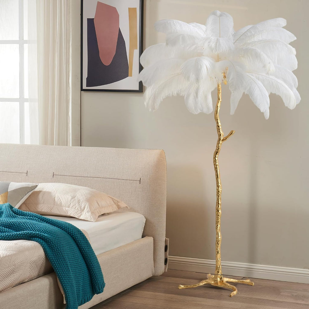 MAYOLA Luxury Resin Ostrich Feather Lamp, 35 Pieces Real Ostrich Feathers,Floor Lamp,for Living Room, Bedroom and Office 67' Tall Feather Lamp(White, Floor Lamp)