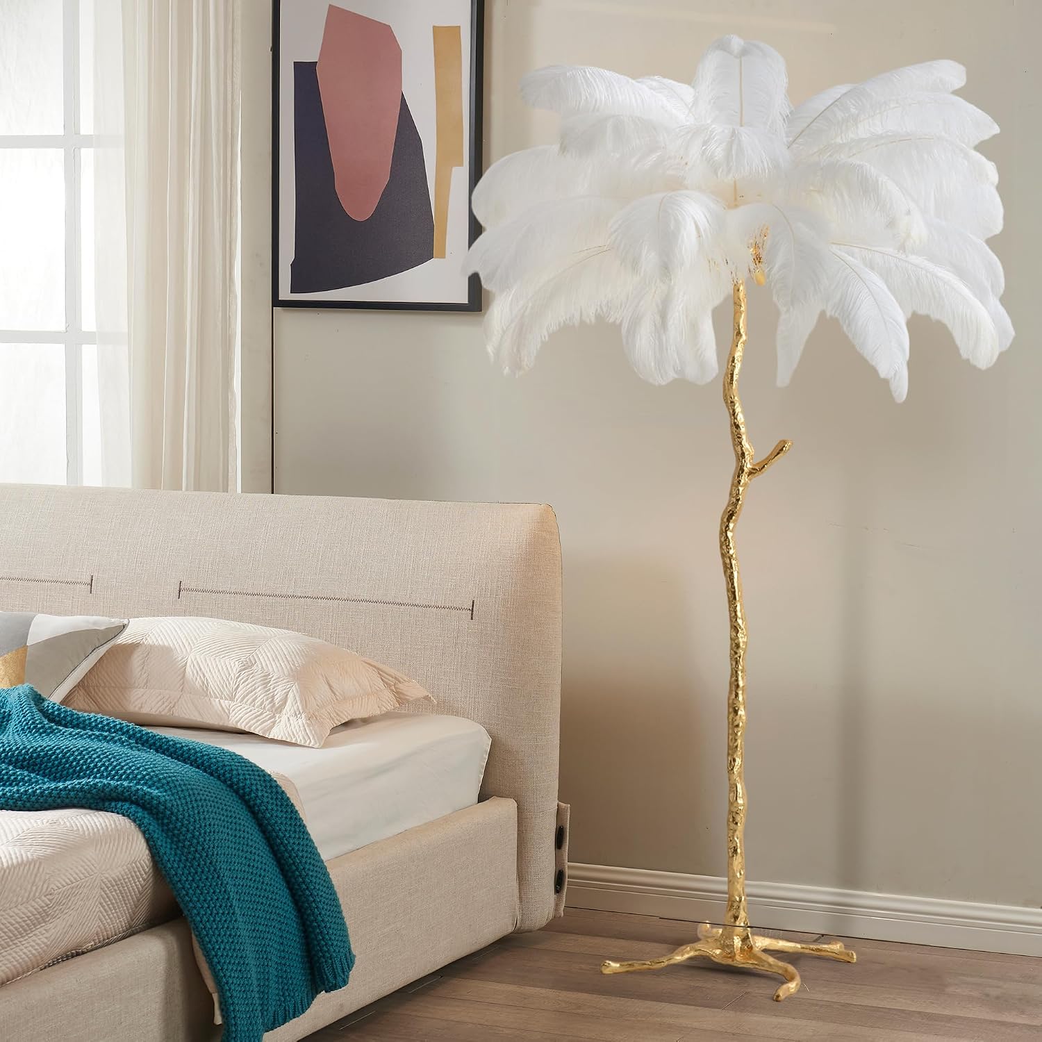 MAYOLA Luxury Resin Ostrich Feather Lamp, 35 Pieces Real Ostrich Feathers,Floor Lamp,for Living Room, Bedroom and Office 67' Tall Feather Lamp(White, Floor Lamp)