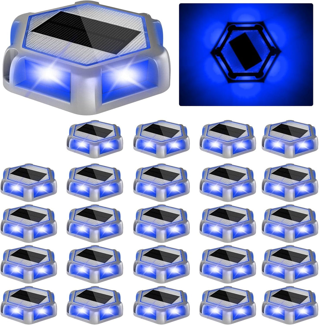 Solar Dock Lights Driveway Deck Lights - 24 Packs Waterproof Outdoor LED Aluminum Dock Lighting Warning Step Light for Driveway Sidewalk Garden Pathway Yard (Blue)