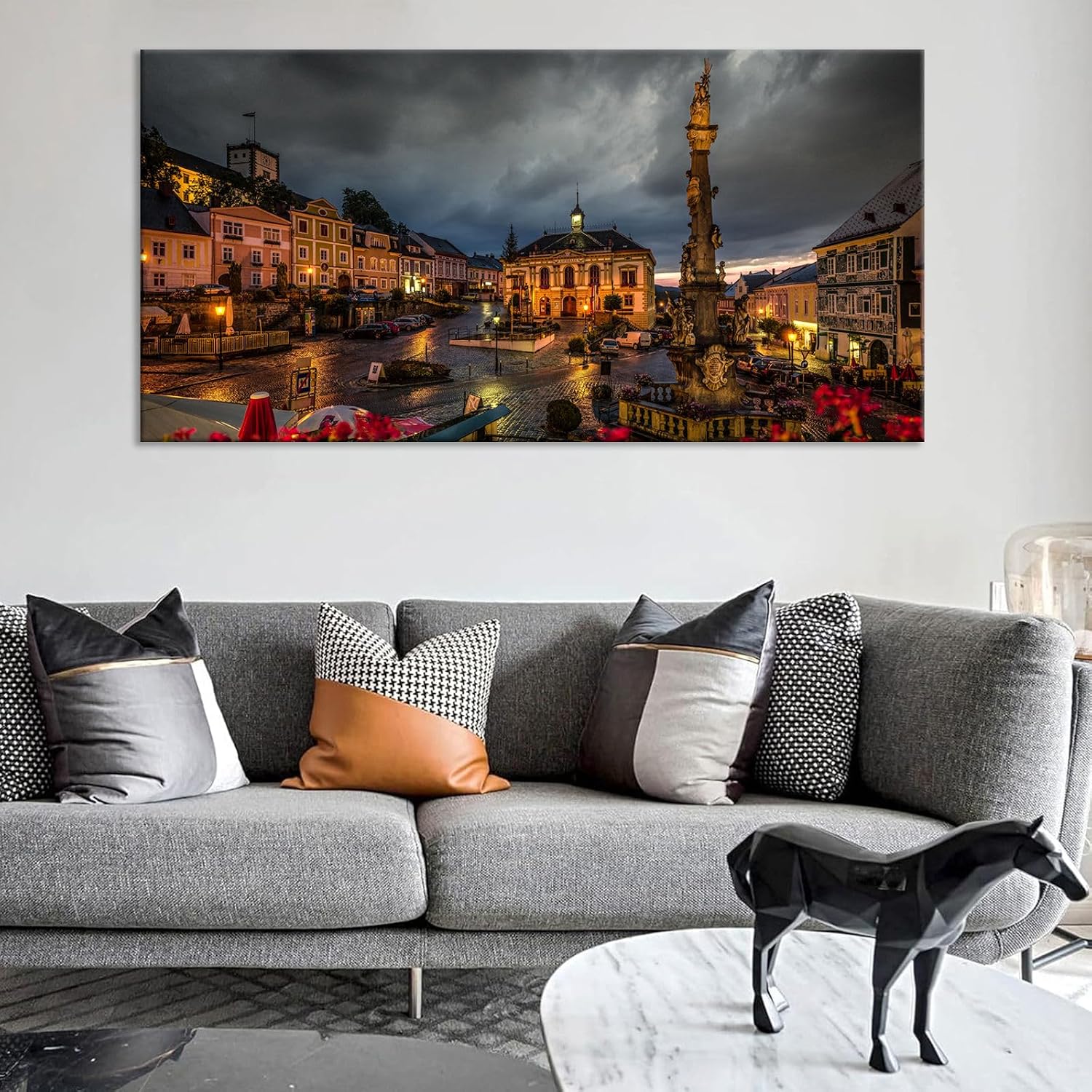 Large Romantic Central European Baroque Architecture Decor Cesky Krumlov Czech Republic Night View Poster Enchanted Historical Town Wall Art Teen Dorm Apartment Artwork 24x48inch Framed