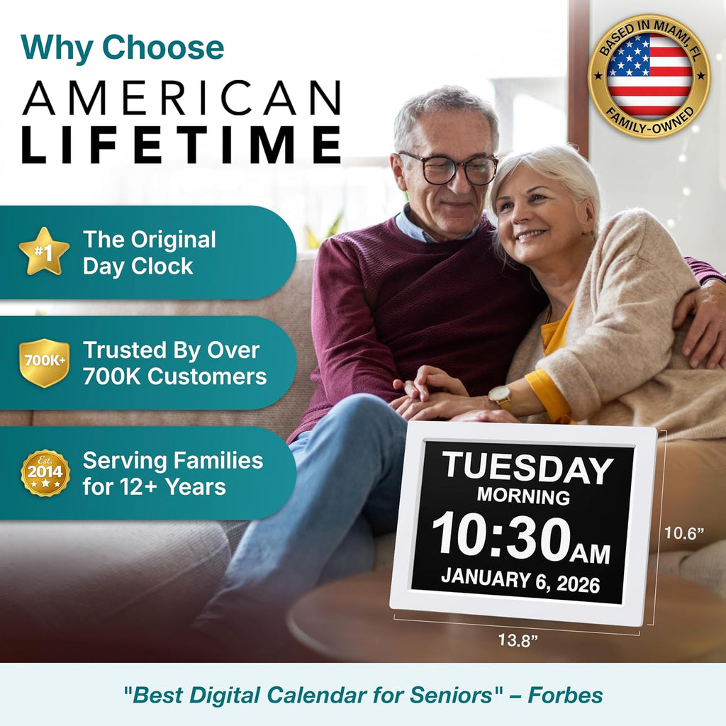 American Lifetime Dementia Clock - Large Digital Clock for Seniors, Custom Alarms, Day & Date Display, White, 15 Inches