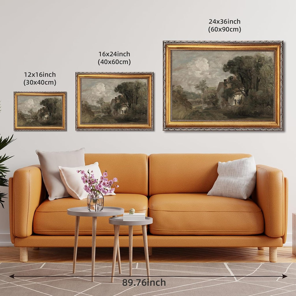 Large Framed Country Manor Canvas Wall Art Vintage Countryside Cottage Landscape Oil Painting Poster Rustic Estate European Country Artwork Print Classic Farmhouse Bedrom Decor 24x36inch