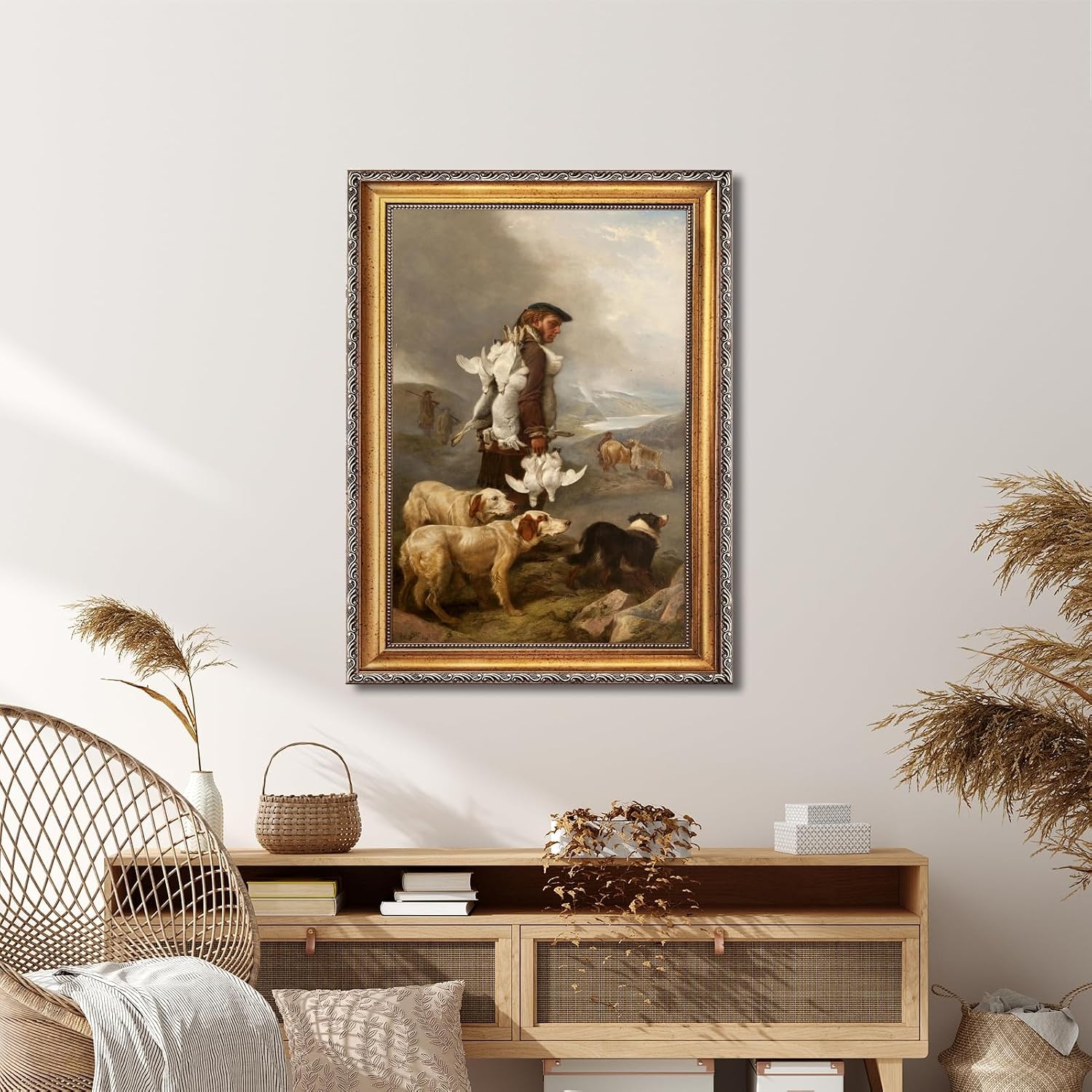Large Gold Framed Winter Shooting Hares and Ptarmigan By Richard Ansdell Canvas Wall Art Coastal Countryside Scene Oil Paintings Reproduction Poster Rustic European Artwork Print Decor 24x36inch