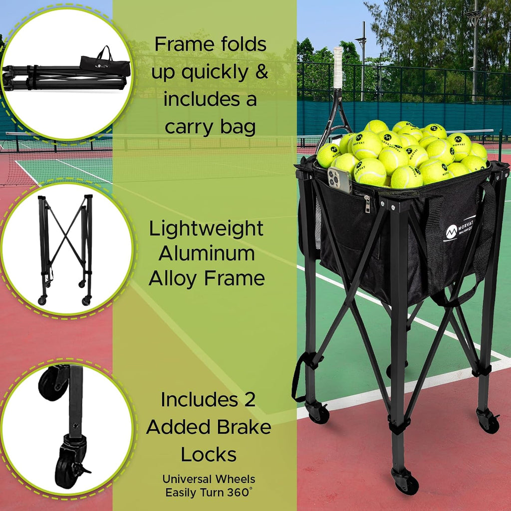 MORVAT Professional Tennis & Pickle Ball Hopper Holds 165 Balls Heavy-Duty Pro Sports Practice Cart, Foldable Portable Compact & Lightweight Zippered Pocket & Racket Holder, Carry Bag + 3 Tennis Balls