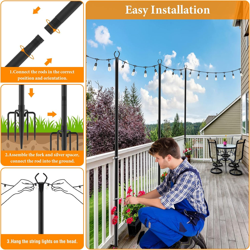 Mutovlin 8 Pack String Light Poles,10 Ft Light Poles for Outside String Lights,Outdoor Lights Pole with Fork,Metal Poles Stand for Patio Deck Backyard