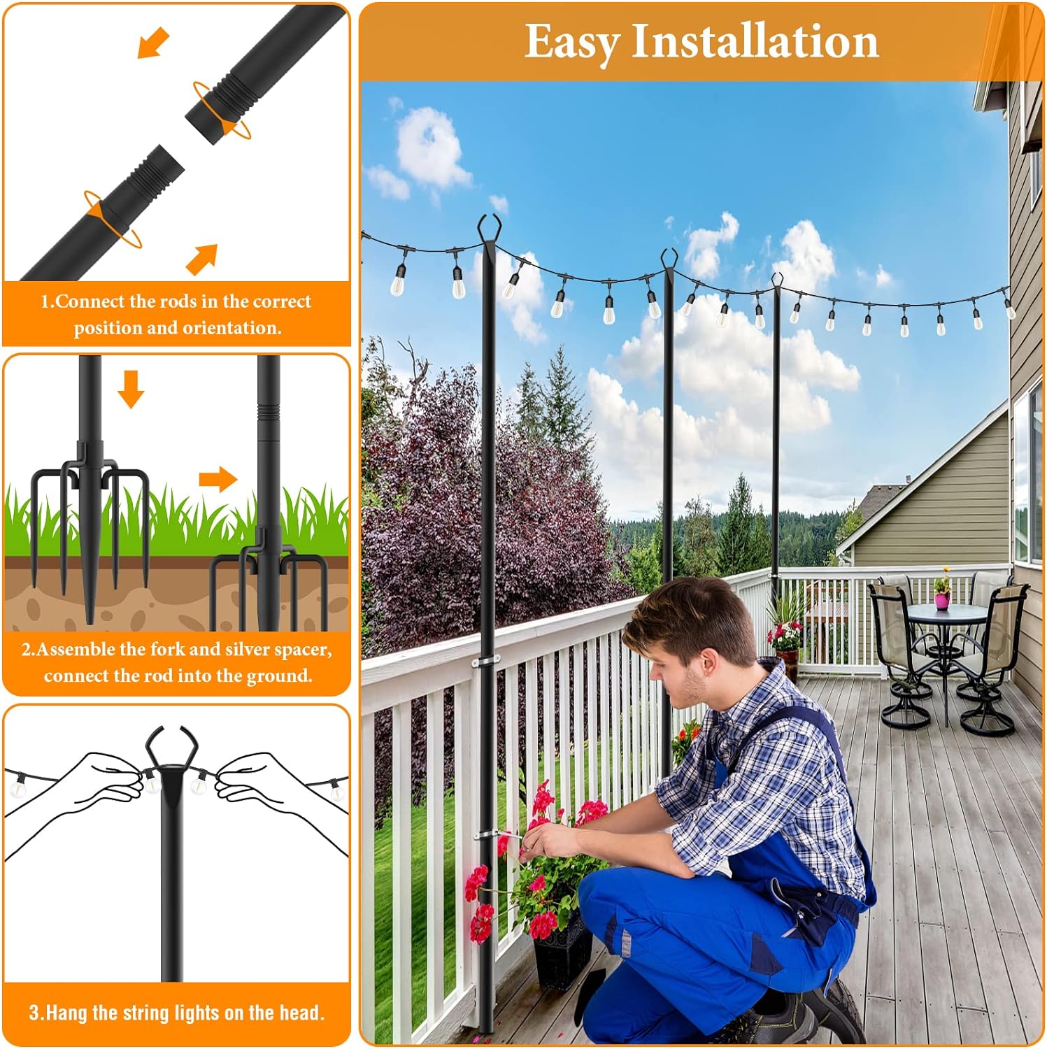 Mutovlin 8 Pack String Light Poles,10 Ft Light Poles for Outside String Lights,Outdoor Lights Pole with Fork,Metal Poles Stand for Patio Deck Backyard
