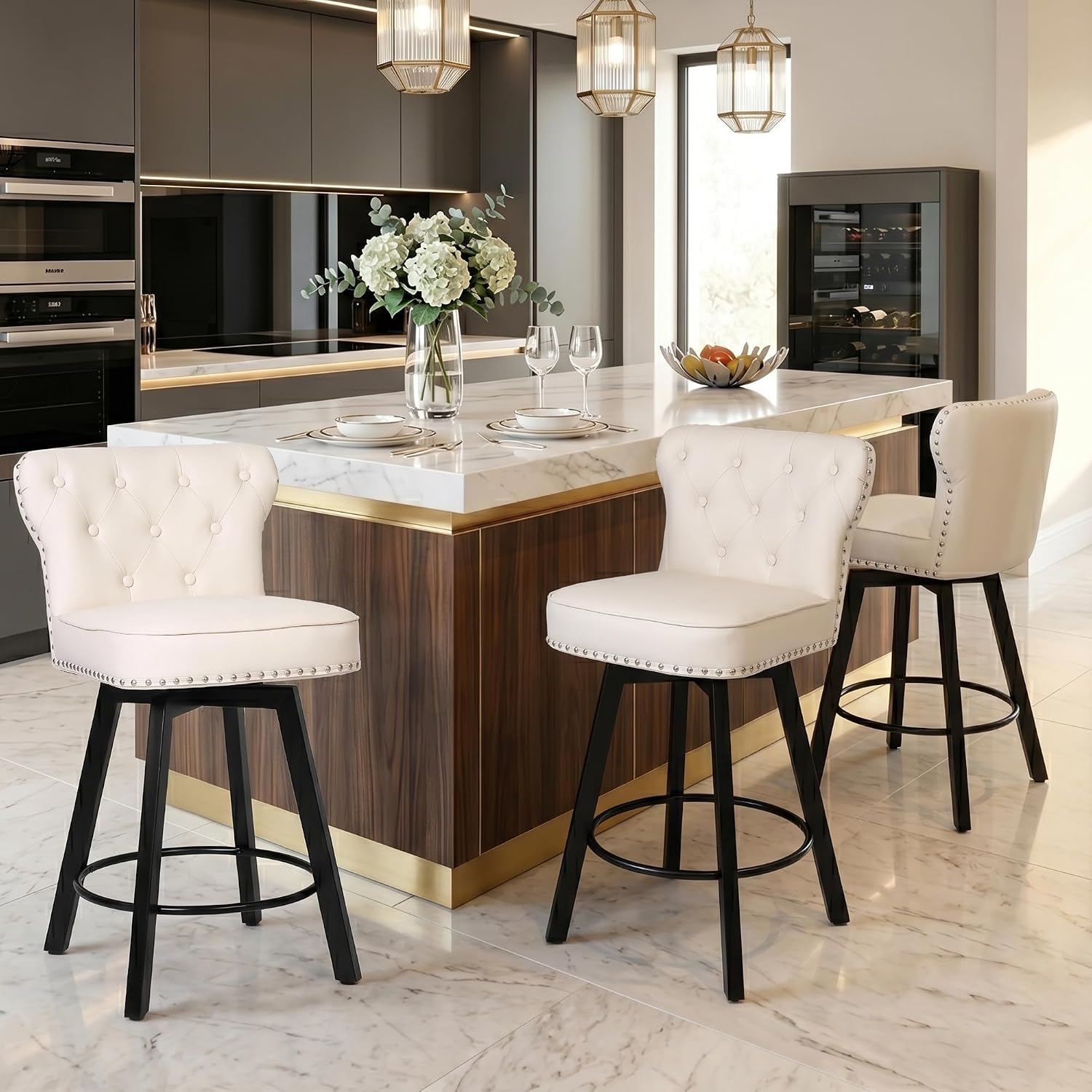 Counter Height Bar Stools Set of 3, 26' Mid-Century Swivel Bar Stool with Metal Base for Kitchen Island, Rivet Armless Faux PU Leather Barstool with High Back and Large Thick Cushion, Beige