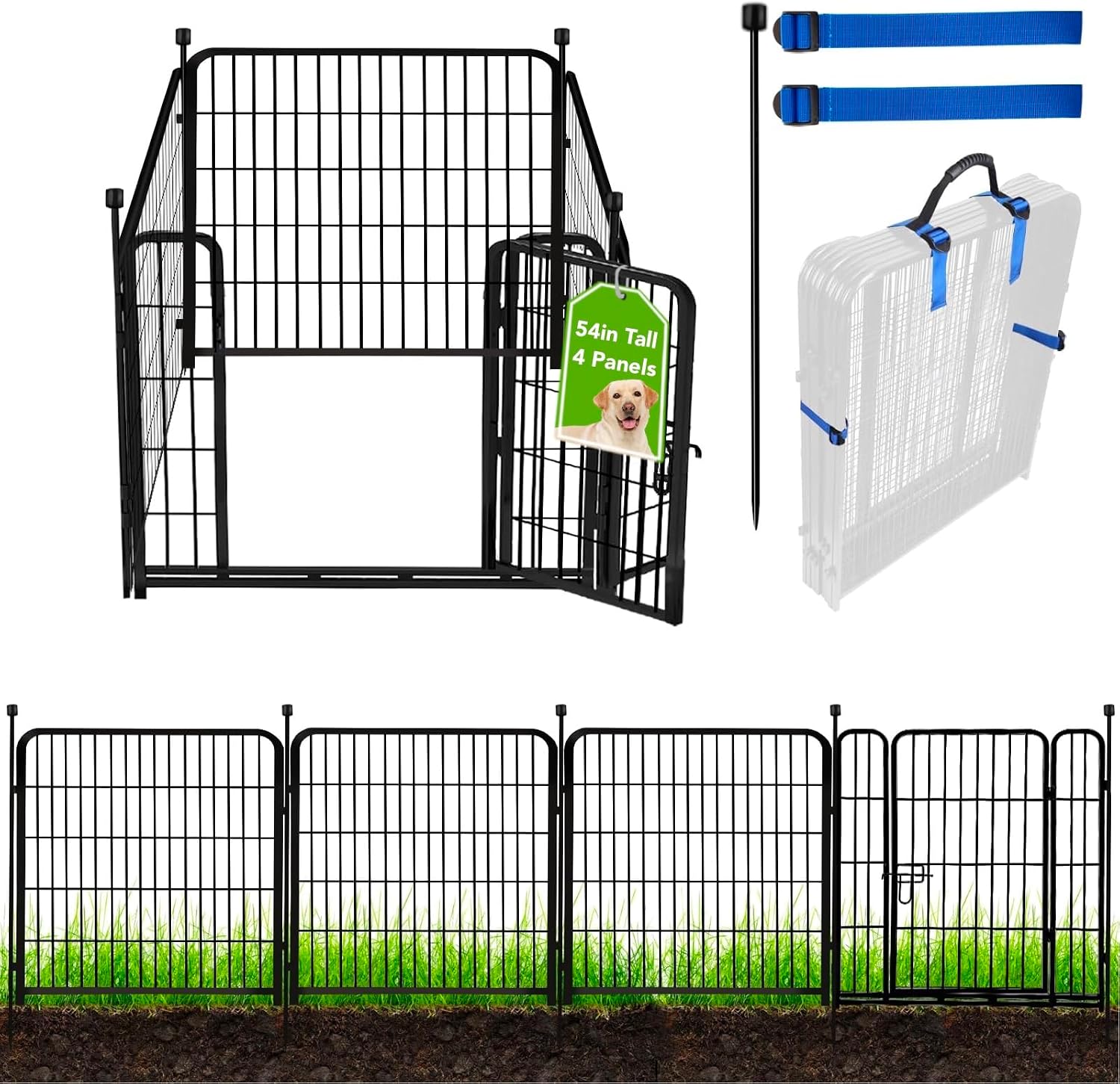 ADAVIN Tall Garden Fence with Low Threshold Door,54 in(H) 4 Panels Total 8.8 Ft(L) Fencing for Dogs, Garden Fence Animal Barrier, Black Iron Metal Heavy Duty Dog Fence Outdoor for Yard