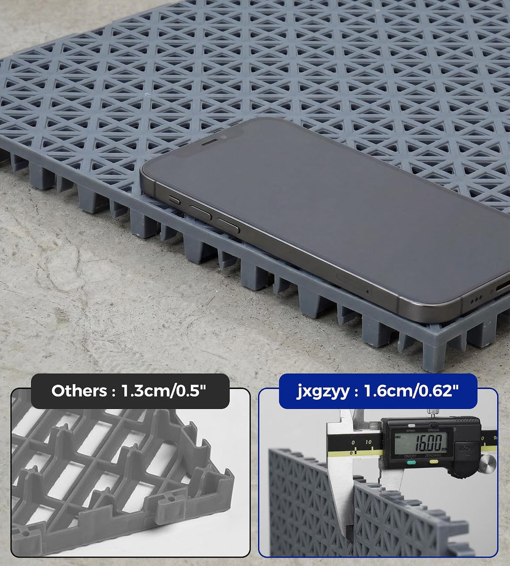 jxgzyy 24 PCS Basketball Court Tiles, 5/8 Inch Thick Interlocking Sport Outdoor Floor Tiles, Non Slip PP Drainage Mat for Tennis Court Drain Deck Pool Patio Shower Kitchen Garage Poach, Light Grey