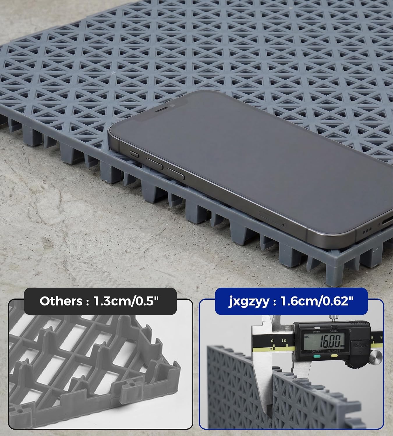 jxgzyy 24 PCS Basketball Court Tiles, 5/8 Inch Thick Interlocking Sport Outdoor Floor Tiles, Non Slip PP Drainage Mat for Tennis Court Drain Deck Pool Patio Shower Kitchen Garage Poach, Light Grey