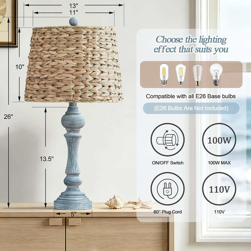 Maxax 26' Boho Rattan Table Lamps Set of 2 with USB A+C Ports, Coastal Bedside Lamps with Rattan Shade, Distressed Antique Blue Farmhouse Wicker Lamps, Rustic Resin Nightstand Lamps for Living Room