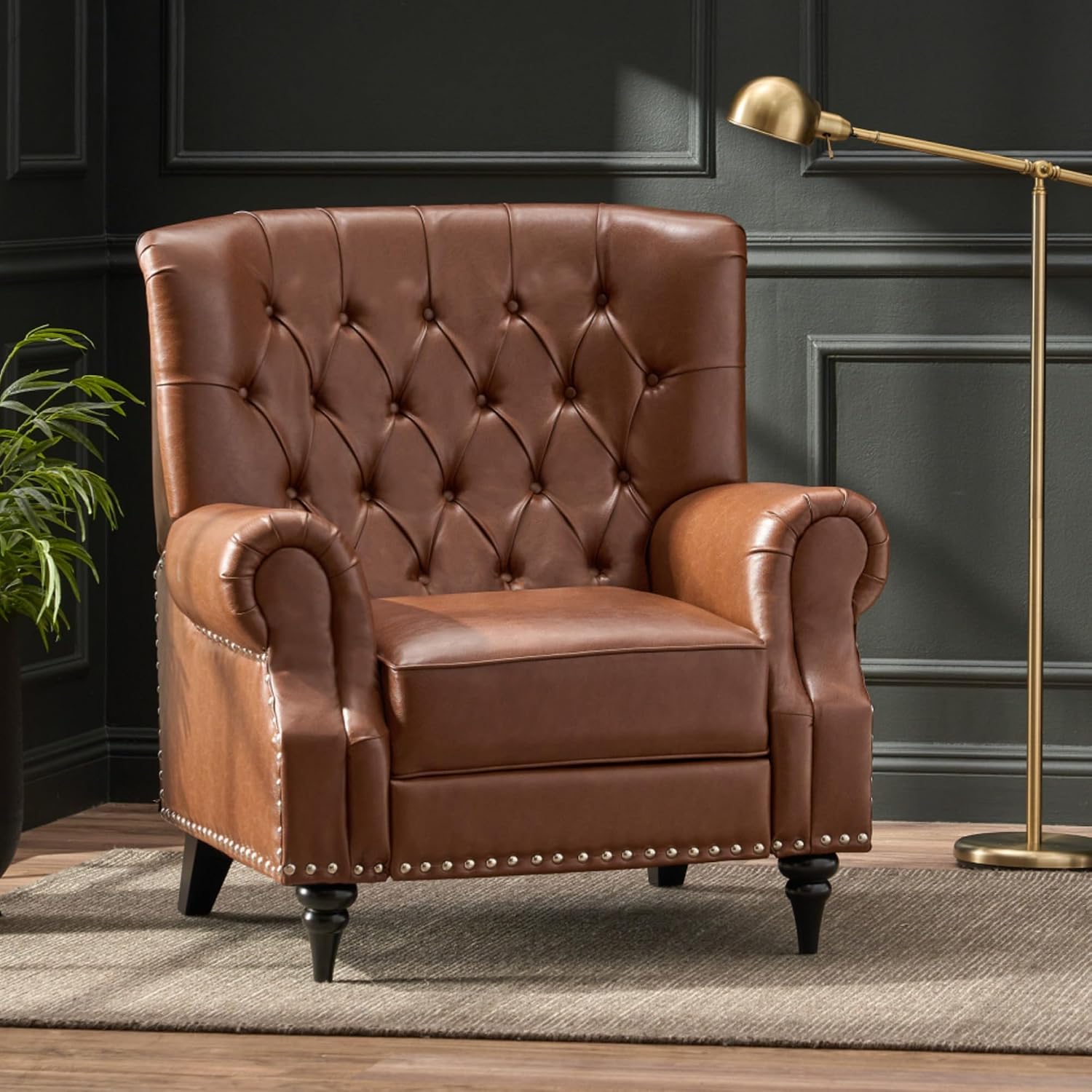 Classic Style Manual Push Back Chair with Exquisite Rivet Decor and Rolled Armrests, Ideal for Living Room Relaxation and Daily Seating (Light Brown + PU)