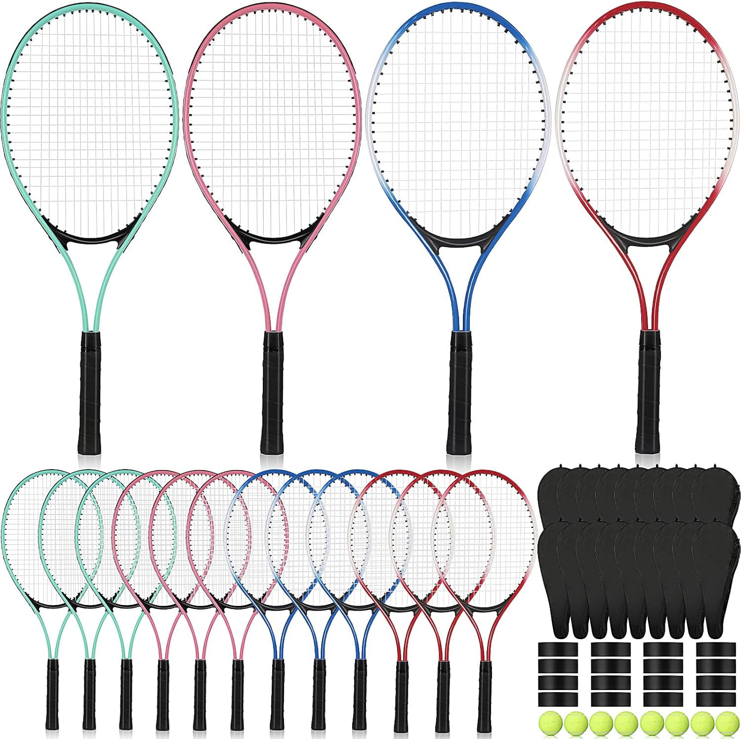 16 Pcs Tennis Rackets for Adult Recreational 8 Players 27' Tennis Racquet Bulk Lightweight Tennis Racket with 8 Tennis Balls for Training Beginners with Overgrips Carry Bag