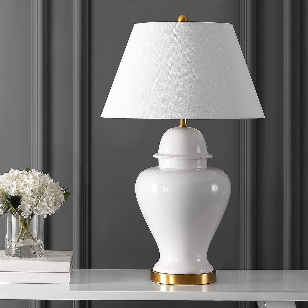 JONATHAN Y 33' White Modern Ceramic Ginger Jar Table Lamp for Living Room, Traditional Bedside Lamp for Bedroom Entryway, White Linen Shade, LED Bulb Included (JYL6619A)