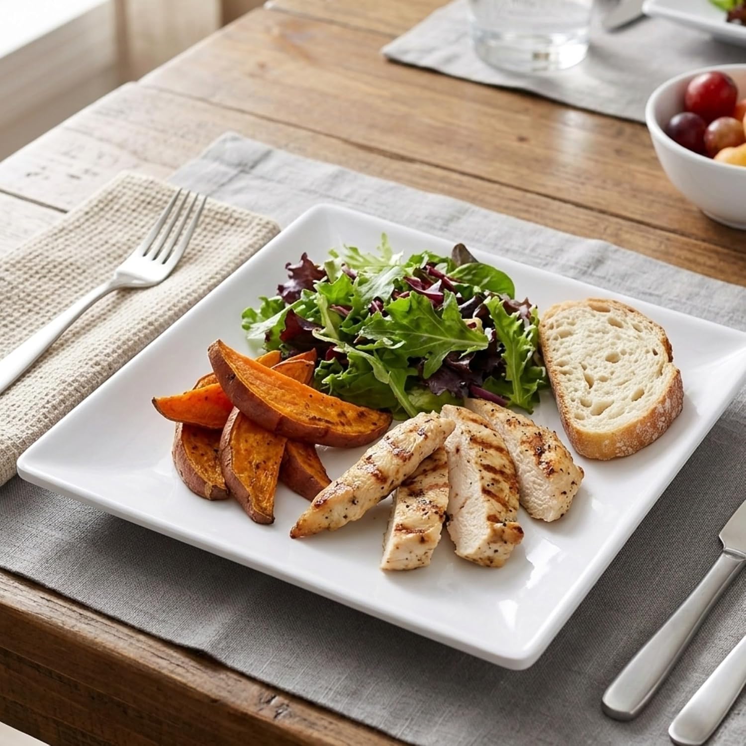 TrueCraftware- 10' x 10' Square Plate Classic White Dinnerware Melamine Set of 12- Dishwasher Safe Reusable Dinner Plates Durable Lightweight Dinnerware for Dinner Dishes