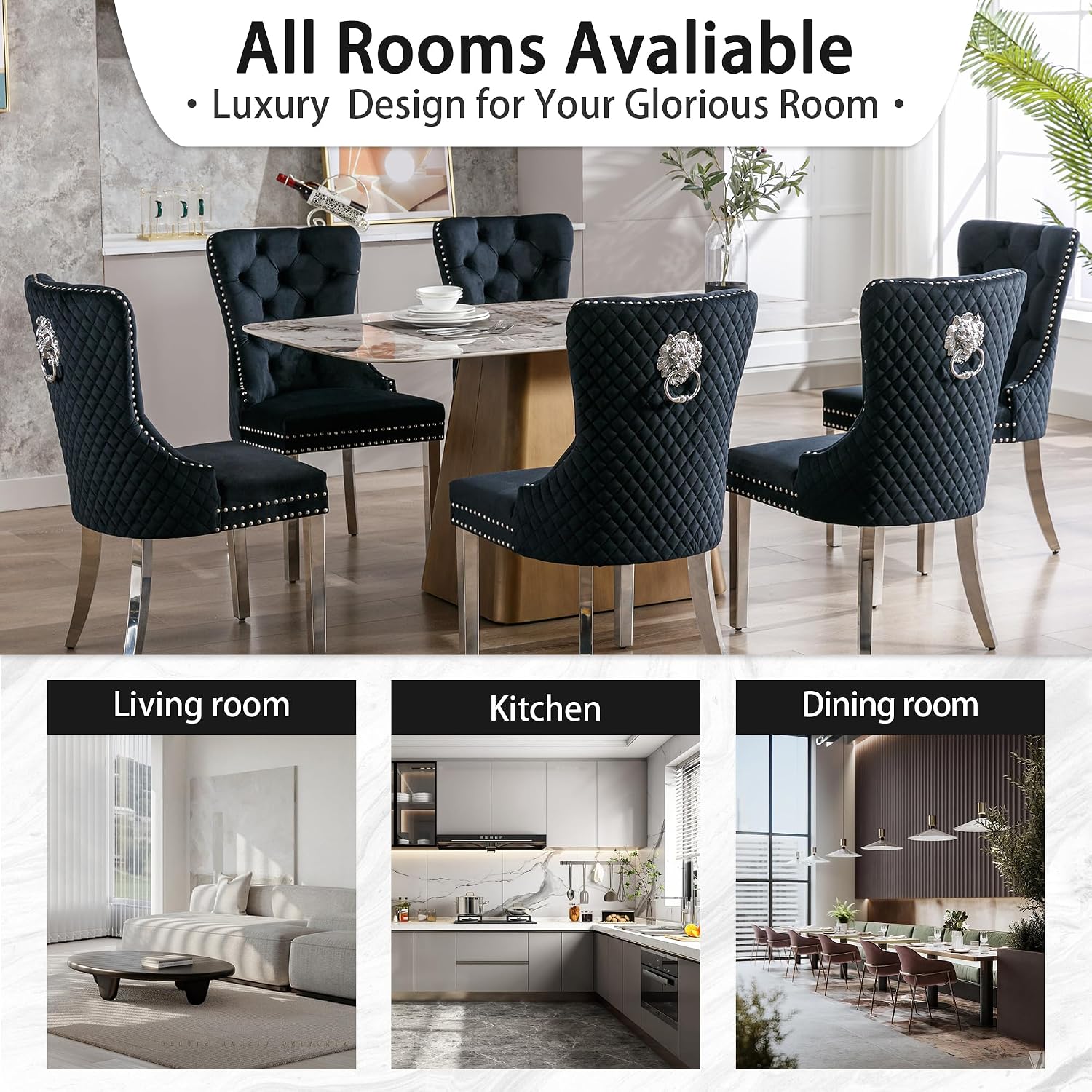Velvet Dining Chairs Set of 2, Upholstered Dining Room Chairs, Mid-Century Modern Chairs with Diamond Lattice Tufted Back, Lion Pull Ring Rivet Trim, Silver Metal Legs for Kitchen, Black