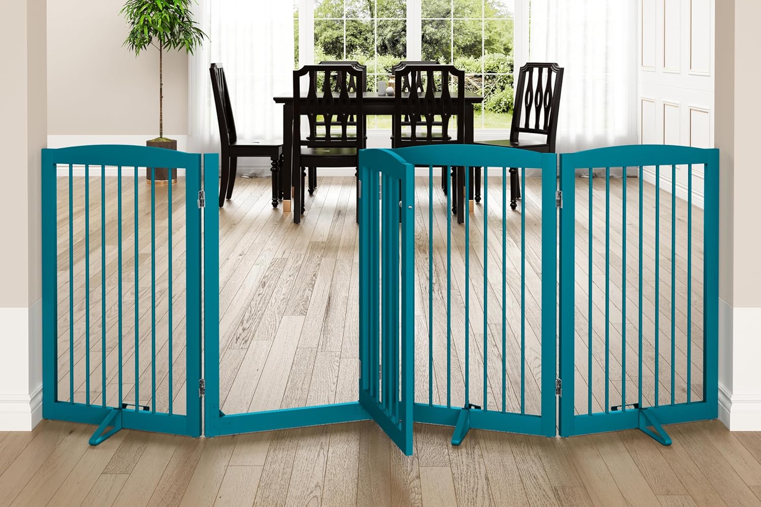 PUPETPO Freestanding Dog Gates with Door Walk Through, Pet Gate for Stairs, 80 inch Wide Gates Indoor, Dog Fences Indoor, Support Feet Included, 4 Panels, 32' Tall, Blue