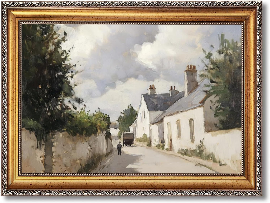 Large Framed Vintage Irish Cottage Street Oil Painting Poster Retro European Village Landscape Canvas Wall Art Sunlit Countryside Path Artwork Prints for Rusitc Farmhouse Home Decor 24x36inch