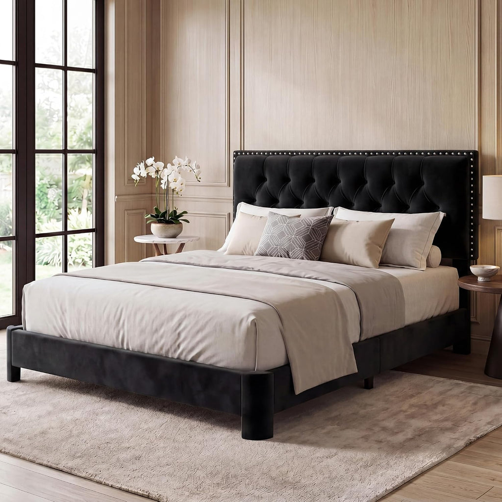 Queen Bed Frame with Headboard, Luxury Velvet Fabric Upholstered Bed frame with Button Tufted Design, Strong Wooden Slats Support - Low & Sturdy, Noise-Free, No Box Spring, Easy Assembly, Black | Plush velvet