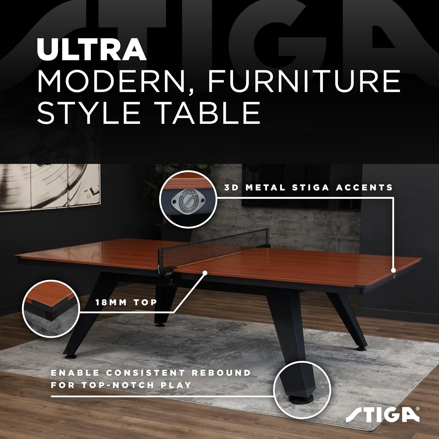 STIGA Ultra Indoor Table Tennis Table – 18mm Woodgrain Ping Pong Table with Steel Frame, Tournament Net & Post, Adjustable Leg Levelers, Modern Furniture-Style Design