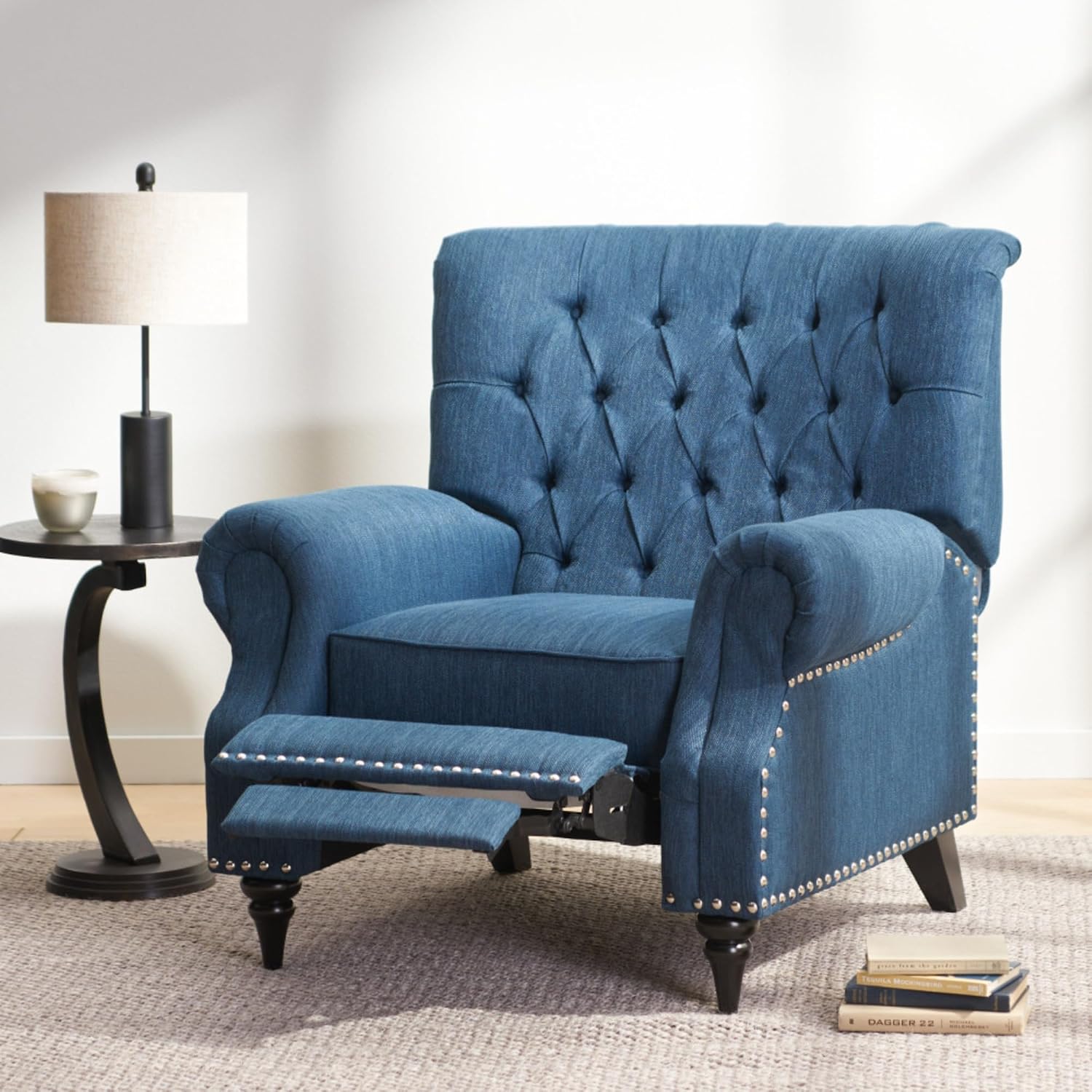 Classic Style Manual Push Back Chair with Exquisite Rivet Decor and Rolled Armrests, Ideal for Living Room Relaxation and Daily Seating (Navy Blue + Fabric)