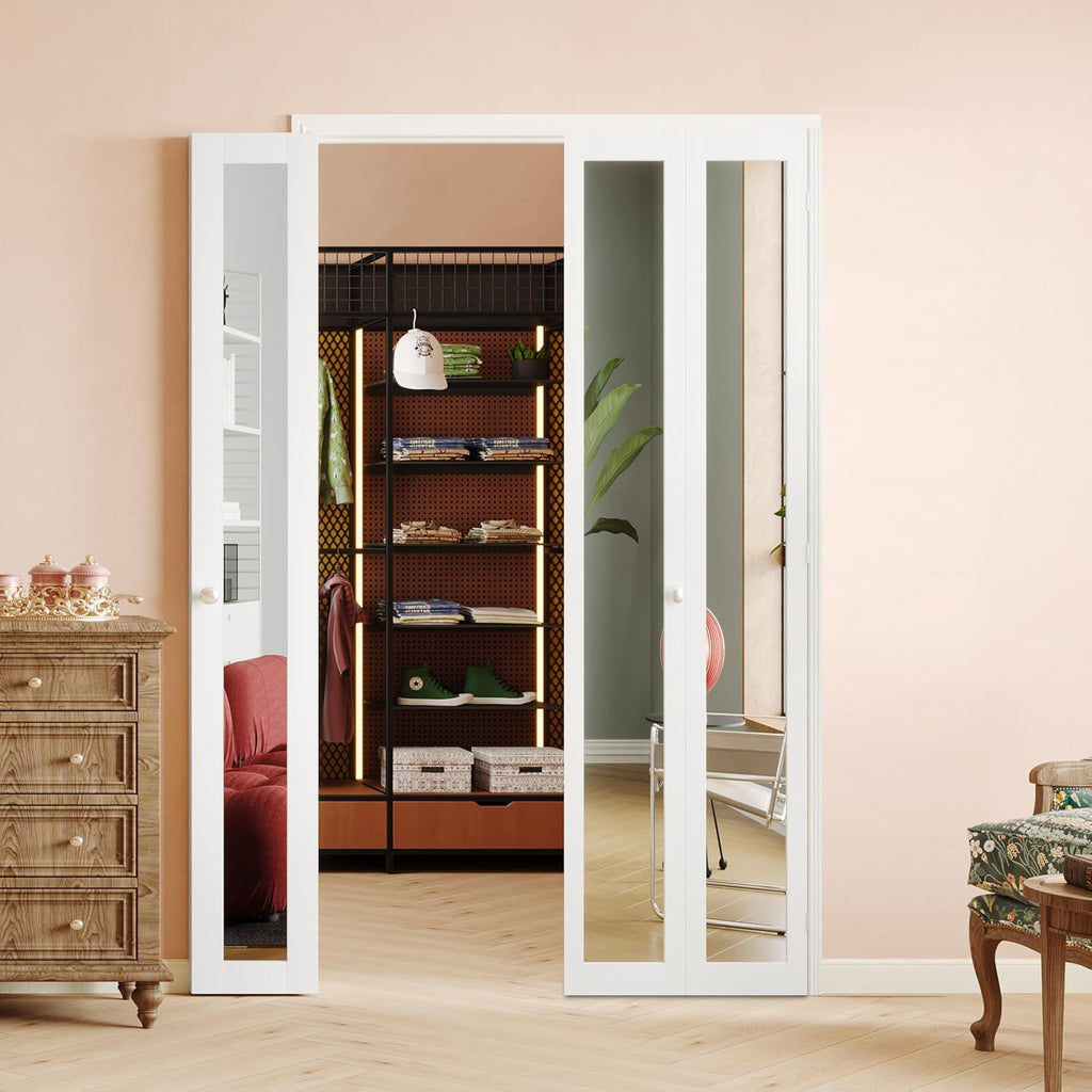 180 Degree Bifold Door, for 72″x 80″ Door Openings, White 1-Lite Mirrored Folding Door with Hinges Hardware Set, Full Access Bifold Closet Doors Perfect for Room Dividers