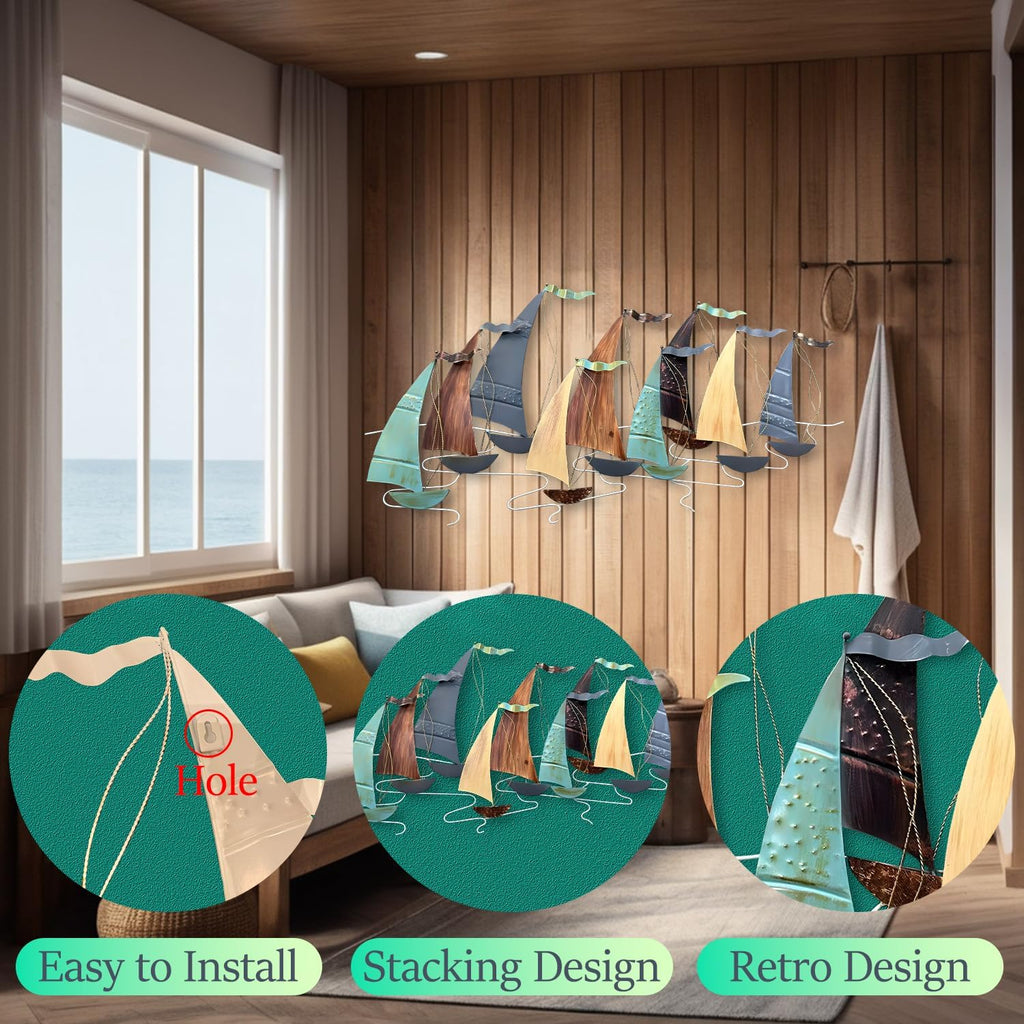 edaknez Large Metal Sailboat Wall Decor, 51' x 26' Ship Metal Wall Art | Coastal Nautical Boat Wall Hanging, Large Ship Wall Sculptures, for Living Room Bedroom Indoor Ourdoor Ocean Beach