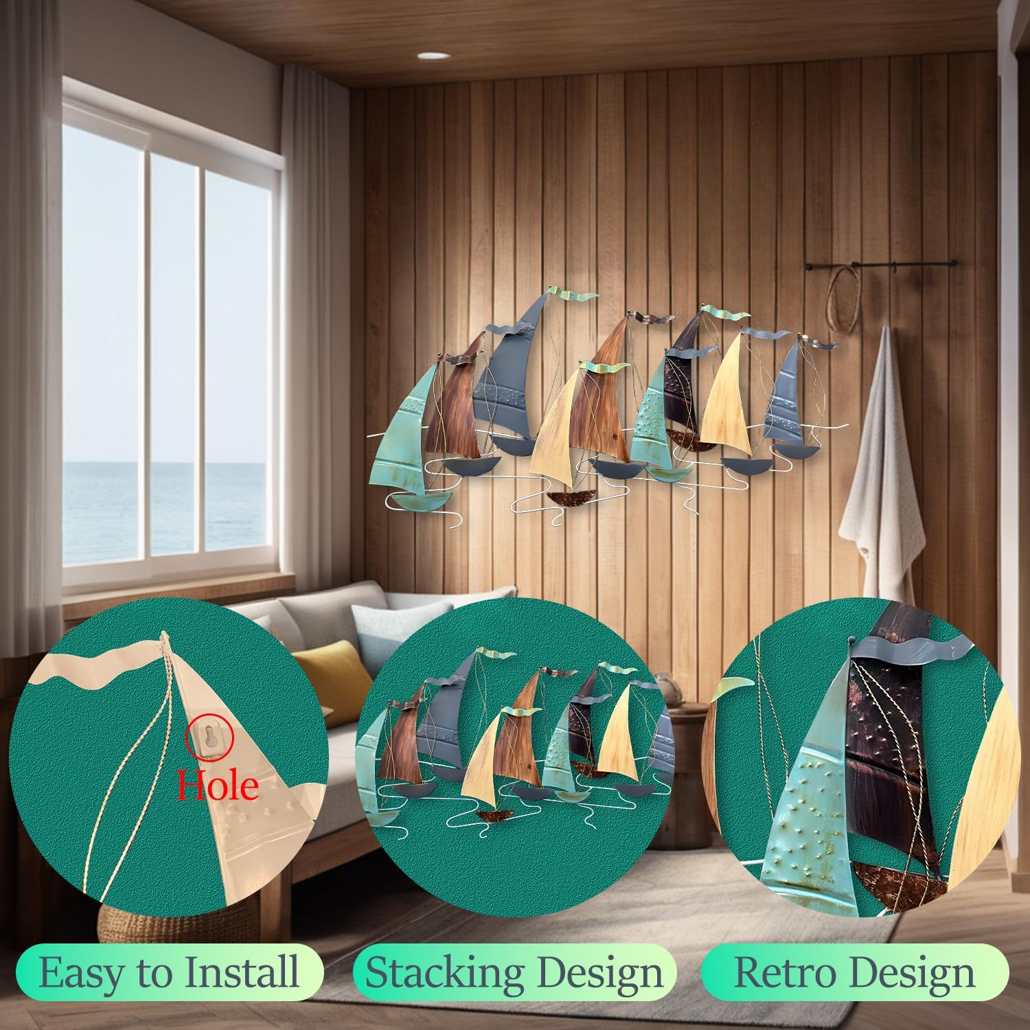 edaknez Large Metal Sailboat Wall Decor, 51' x 26' Ship Metal Wall Art | Coastal Nautical Boat Wall Hanging, Large Ship Wall Sculptures, for Living Room Bedroom Indoor Ourdoor Ocean Beach
