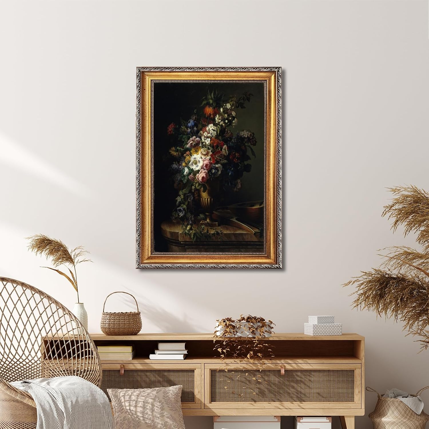 Large Gold Framed 19th Century Classical Floral Oil Painting Canvas Poster Vintage European Flowers Dark Wall Art Retro Bouquet of Peony Rose Iris Artwork Prints for Bedroom Home Deocr 24x36inch
