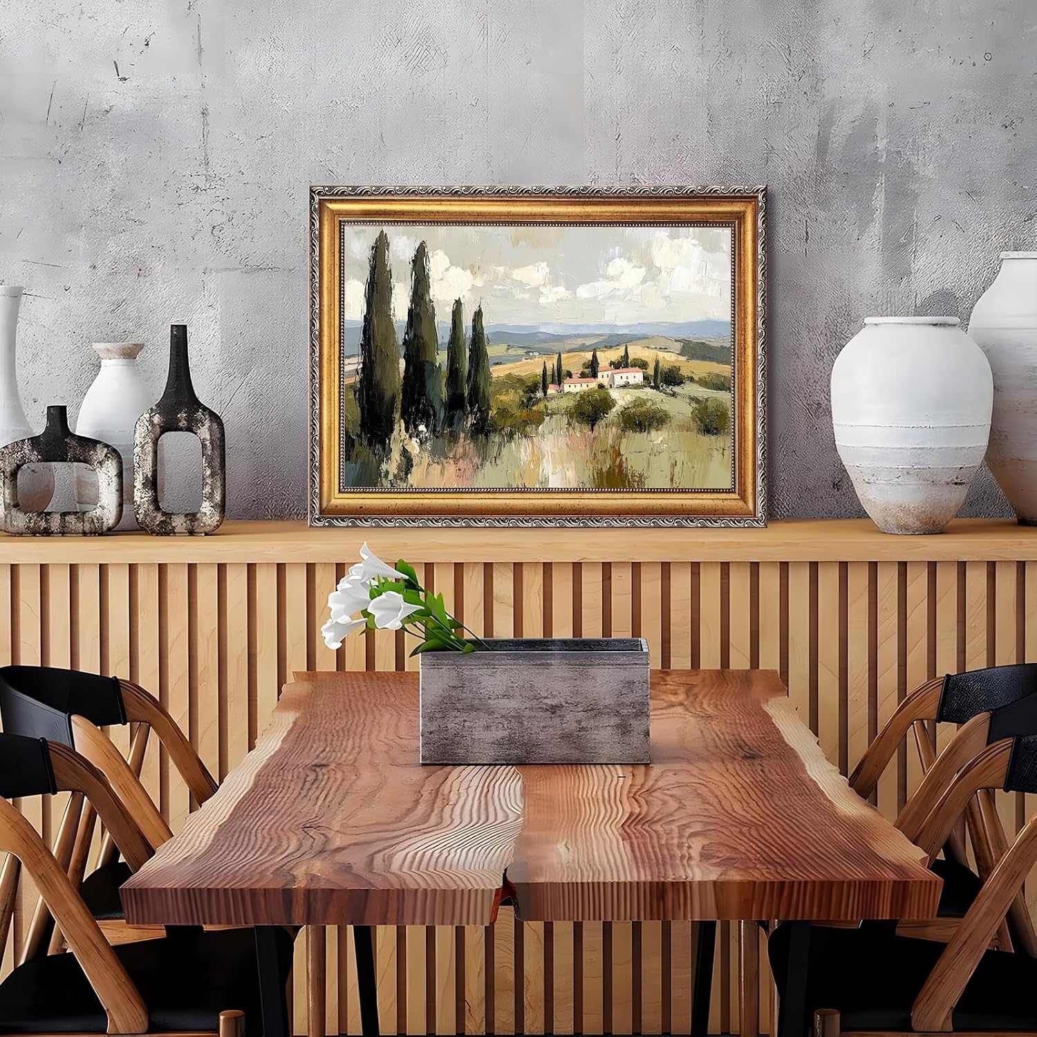 Large Framed Tuscan Cypress Countryside Oil Painting Poster Vintage Trees Rolling Hills Canvas Wall Art Italian Villa Landscape Artwork Print Retro Mediterranean Bedroom Home Decor 24x36inch